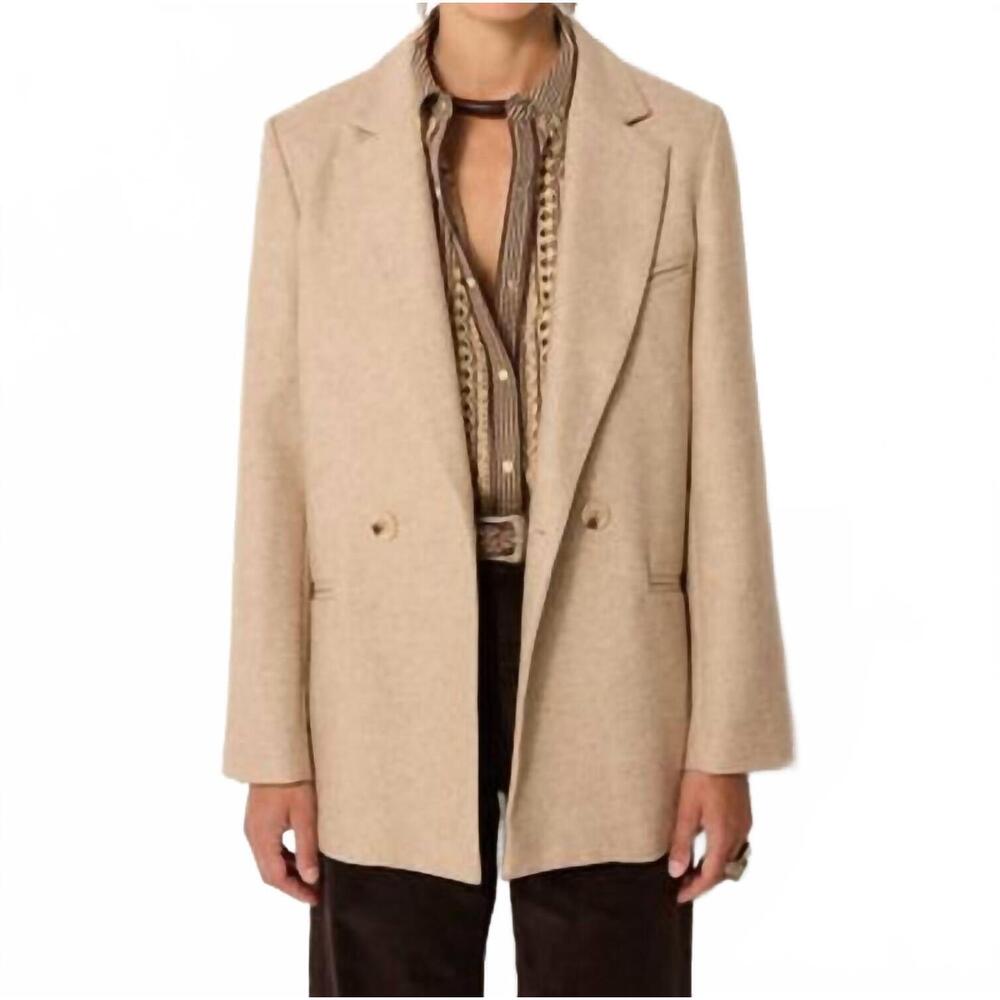 Women's Beige Double-Breasted Wool Blend Blazer Jacket